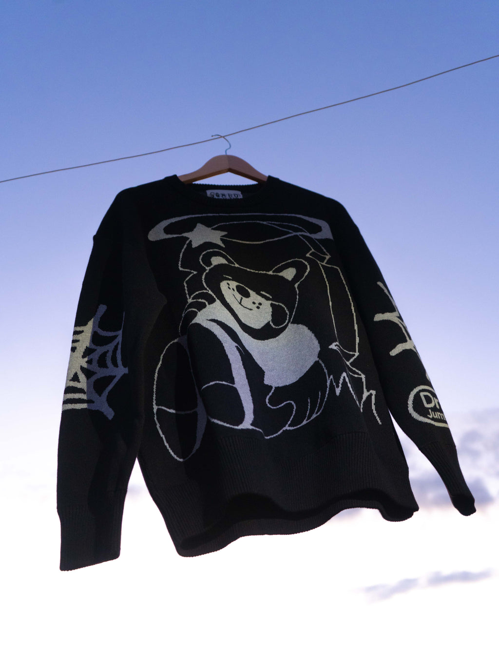 Black sweater with graphic design on a hanger against a blue sky.