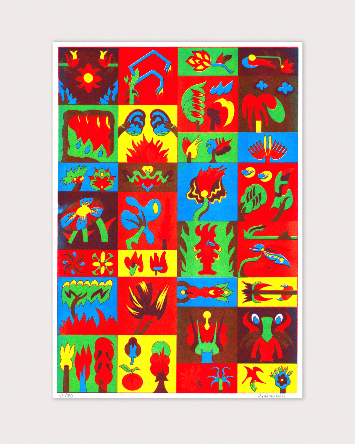 Colorful abstract art print with various shapes and patterns on a white background