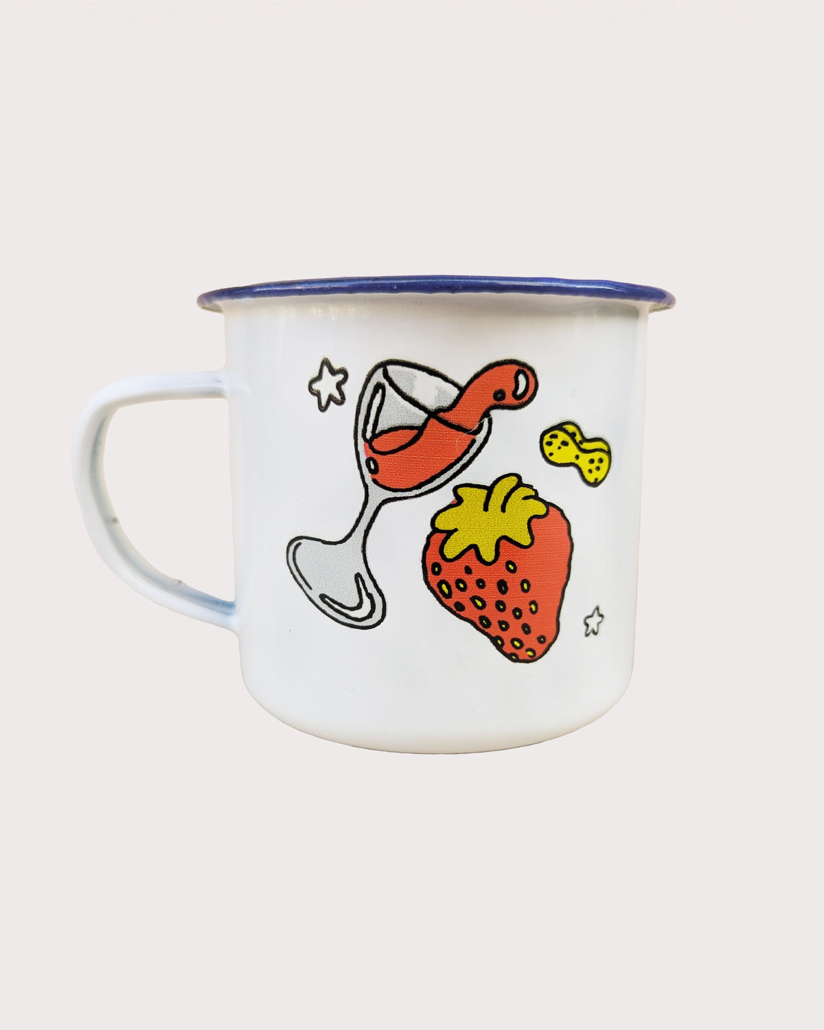 White mug with a red wine glass and strawberry design on a white background